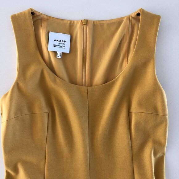 Akris Punto Fit & Flare Flutter Pleat Hem Sleeveless Scoop Neck Dress Gold Sz 6 - Picture 7 of 11